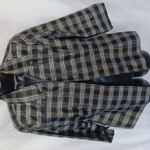 Anne Carson Silk Blazer Medium Black White Gold Plaid